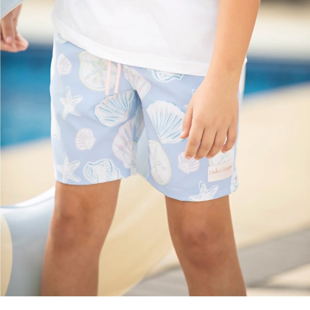 NWT Kids Swim Trunks in Light Blue Seashell Print
